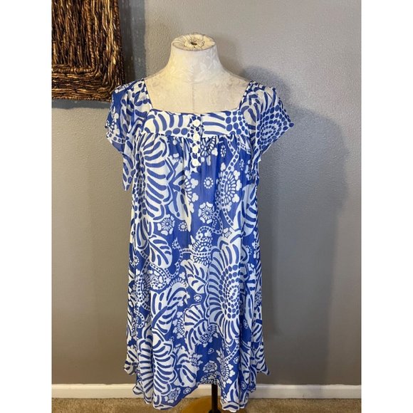 Anthropologie Tibi Silk Dress 6 Blue Ivory Short Sleeve Relaxed Fit Shift Flowy - Picture 5 of 15